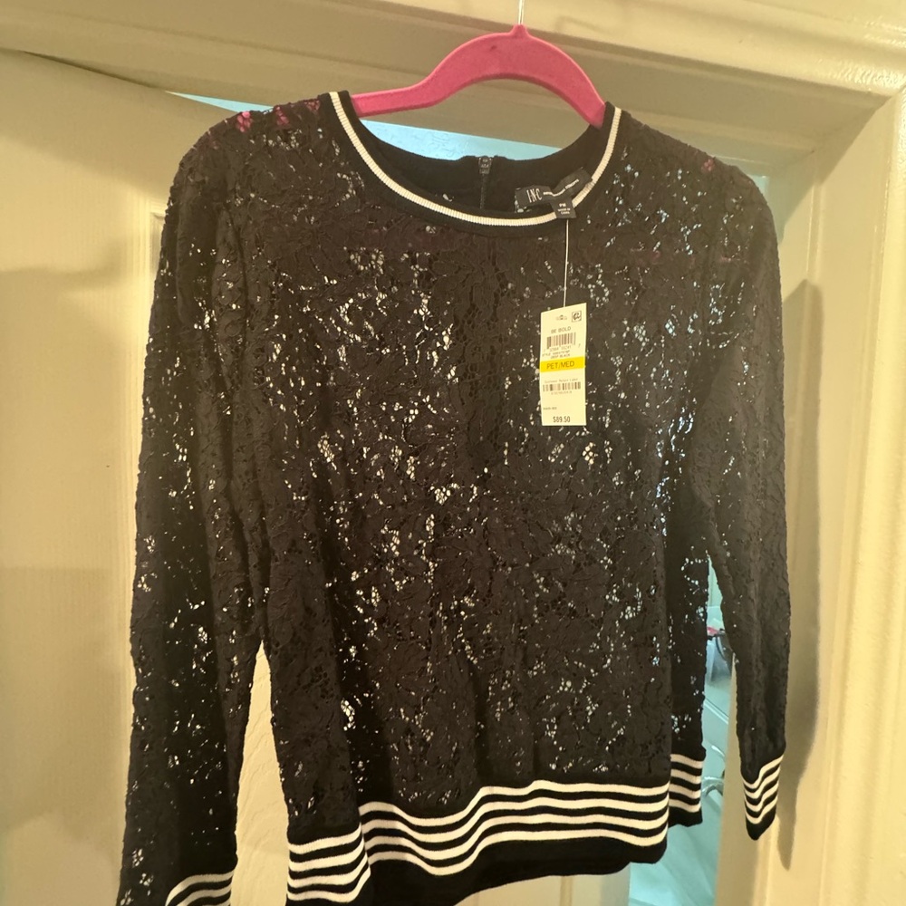 Black Lace Long Sleeve Top with Striped Trim